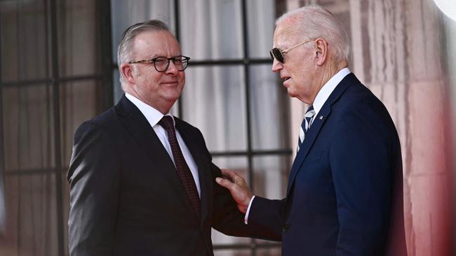 Anthony Albanese meets US President Joe Biden as he arrives for the Quadrilateral Summit. Picture: Brendan Smialowski/AFP