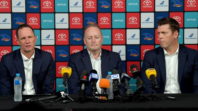 Former coach Don Pyke (left) announcing his resignation in September alongside Crows chairman Rob Chapman and chief executive Andrew Fagan. Picture: Mark Brake/Getty Images