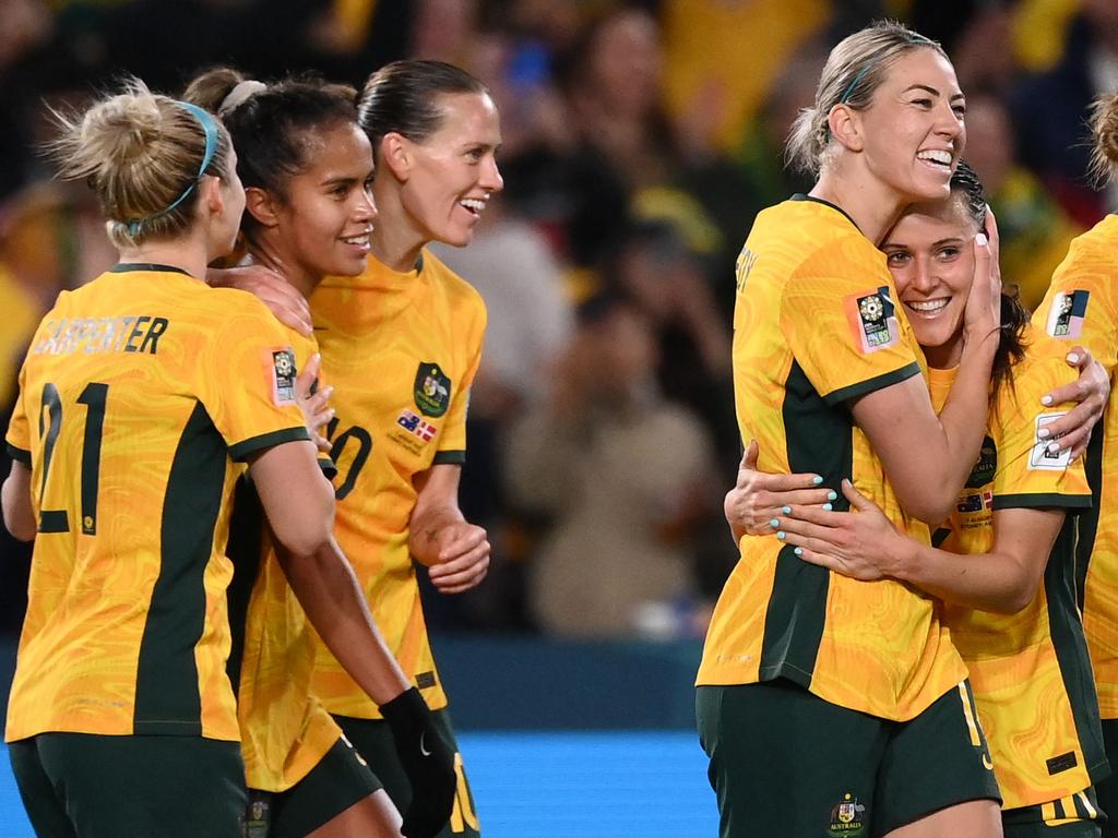 Australia celebrates Hayley Raso’s goal that sealed a 2-0 victory. Picture: FRANCK FIFE / AFP