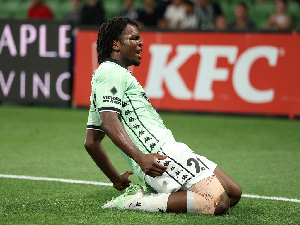 Abel Walatee celebrates a goal. Picture: Robert Cianflone/Getty Images