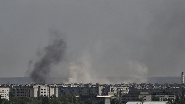 Smoke and dirt rise from the city of Severodonetsk, during shelling in the eastern Ukrainian region of Donbas. Picture: AFP.