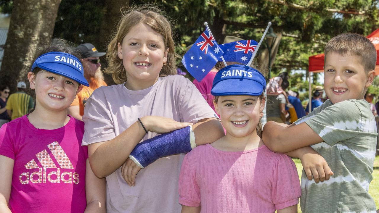 (from left) Stella Freeman, Hudson Sawley, Emma Freeman and Jaxon Sawley. Australia Day celebrations at Picnic Point in Toowoomba. Thursday, January 26, 2023. Picture: Nev Madsen.