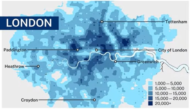 A map showing density levels in London.