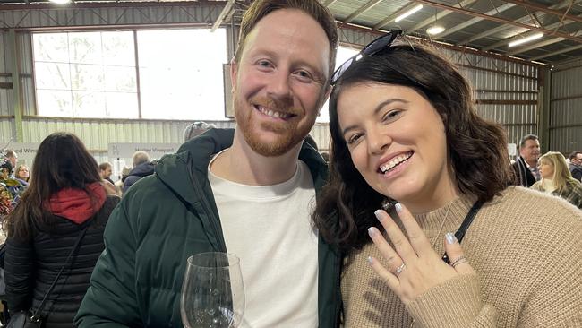 Glen Iris couple Nathan Lomas and Ellen Inglese got engaged before arriving at the Winter Wine Fest at Red Hill Showgrounds. Picture: Lucy Callander