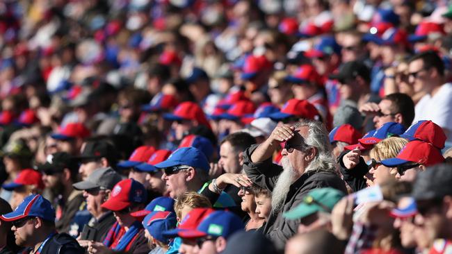 NEWCASTLE, AUSTRALIA - AUGUST 17: Knights fans look on during the round 22 NRL match between the Newcastle Knights and the North Queensland Cowboys at McDonald Jones Stadium on August 17, 2019 in Newcastle, Australia. (Photo by Ashley Feder/Getty Images)