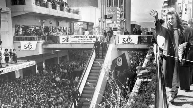 The population turning point in 1984. Crowds flock into Rundle Mall on July 5, 1984, when UK pop group Culture Club visits Adelaide. Singer Boy George waves to fans.