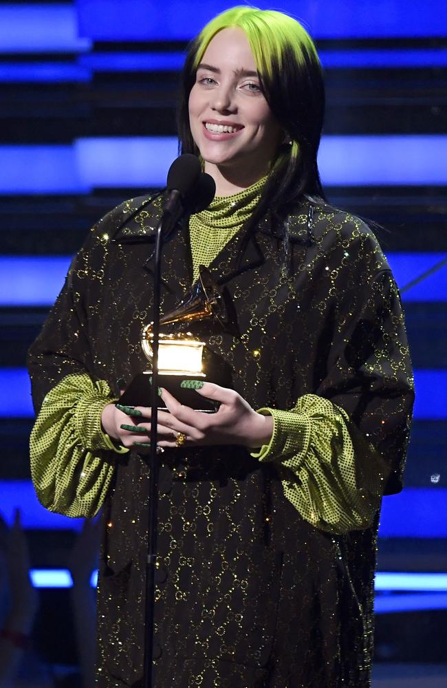 Billie Eilish accepts the Song of the Year award for Bad Guy at the Grammys. Picture: AFP