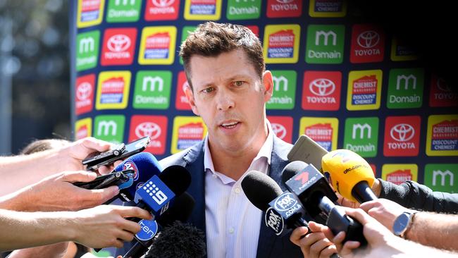 Crows CEO Andrew Fagan speaks to media at the end of an Adelaide Crows AFL Grand Final training session at Adelaide Oval in  2017. Picture: Mark Brake/Getty