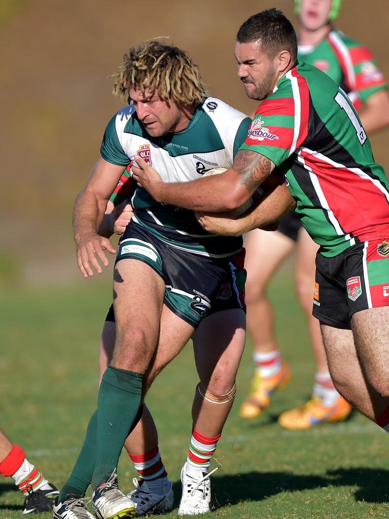 Maroochydore’s Murray Goldsworthy gets tackled by a Nambour player in 2017. PHOTO: Warren Lynam