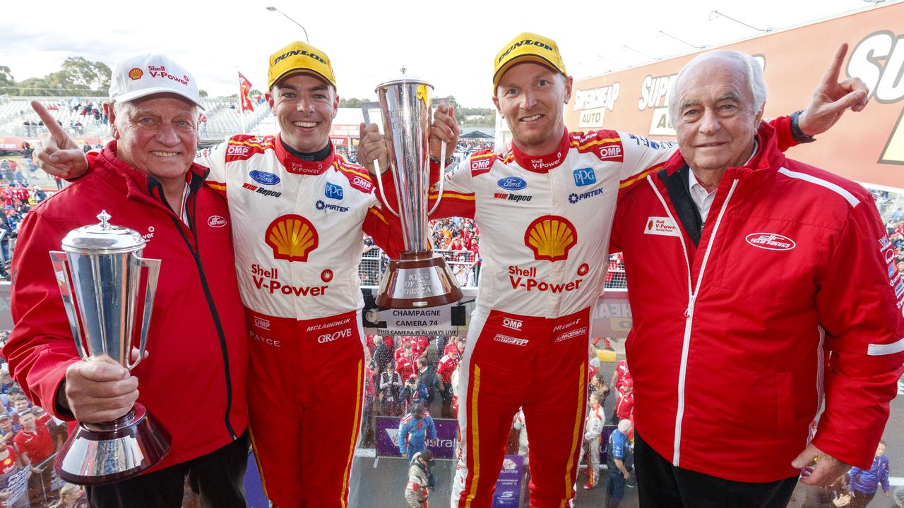 (L-R) Dick Johnson, Scott McLaughlin, Alex Premat and Riger Penske on the Bathurst podium.