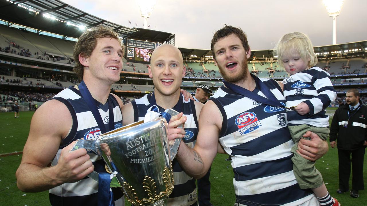 (Left to right) Joel Selwood, Gary Ablett Jr and Cameron Mooney after Geelong’s 2009 premiership.