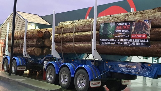 Bunnings protest: A logging truck blocks the entrance of the hardware giant's Traralgon store last week.