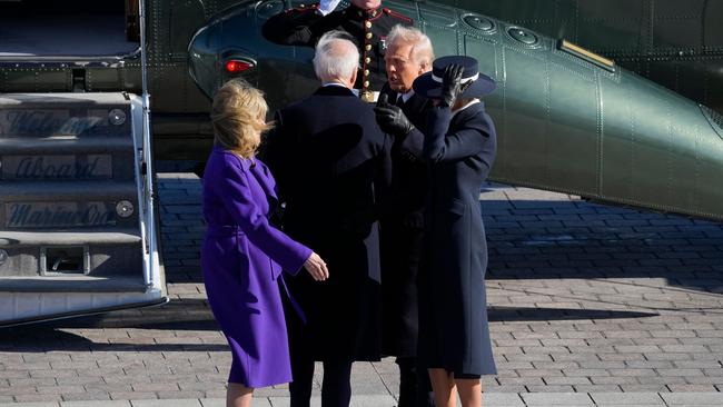 President Donald Trump and first lady Melania Trump say goodbye to former president Joe Biden and former first lady Jill Biden on January 20. Picture: AFP