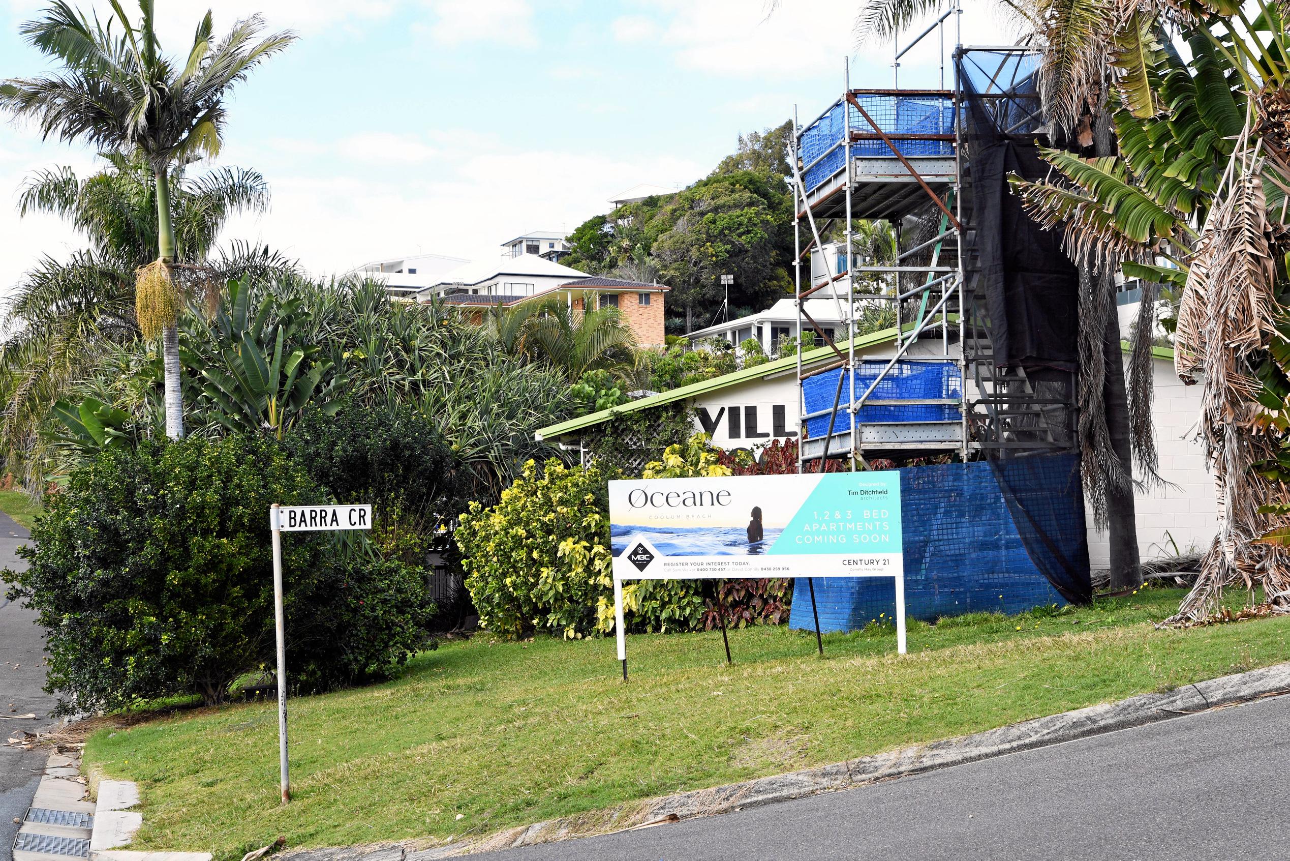 A 21-unit lowrise is a step closer to replacing the seedy-looking 1972 Villa Coolum short term Accom, with a building company applying for permission to demolish 102-104 Coolum Tce, Coolum Beach. The site is an entire block with three street frontages - a triangular lot that's a block back from David Low Way and the beach. Picture: Patrick Woods