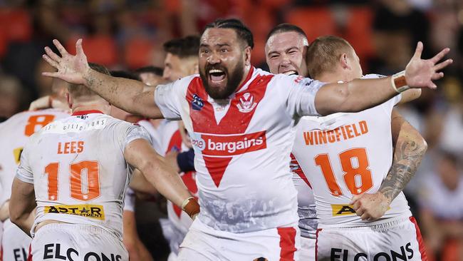 Konrad Hurrell of St Helens celebrates winning the World Club Challenge. Picture: Mark Metcalfe/Getty Images