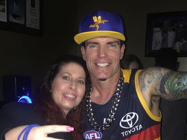 Vanilla Ice in a Crows top with a fan at the 'I Love The 90s' night in Adelaide. Pic: Instagram.