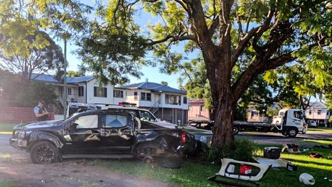 The scene on Prince St Grafton where a car collided with a tree following a police pursuit. Photo courtesy TNT Towing.