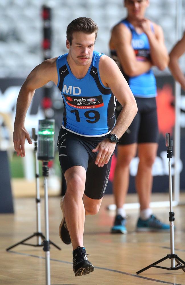 Bailey Rice takes off during testing at the draft combine. Picture: Hamish Blair