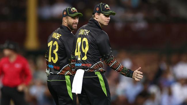 Steve Smith directs traffic during Sunday night’s T20 gamae against India despite Matthew Wade being captain