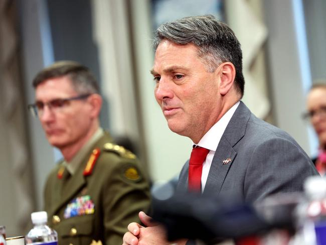 Defence Minister Richard Marles at a meeting with US Defence Secretary Lloyd Austin and Britain’s Secretary of State Ben Wallace at the Pentagon. Picture: AFP