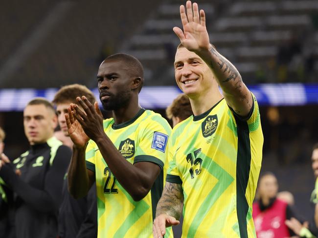 Mitchell Duke of the Socceroos waves to the crowd after the win against Japan. Picture: James Worsfold/Getty Images
