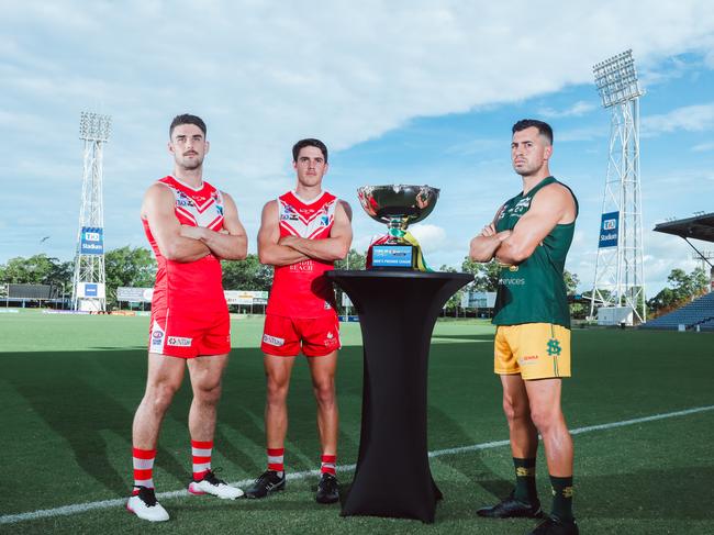 Waratah captains Robbie Turnbull and Brodie Carroll and St Mary’s captain Nate Paredes. Picture: Glenn Campbell