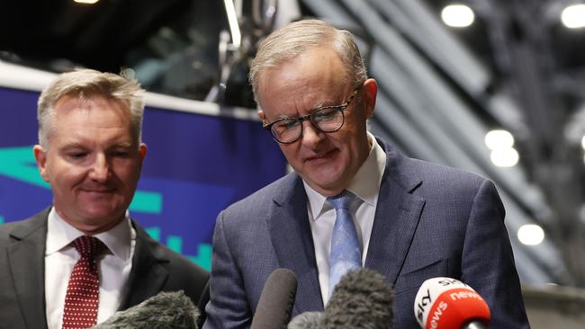 Labor leader Anthony Albanese refers to notes during a press conference at the Smart Energy Expo, ICC Sydney. Picture: Liam Kidston