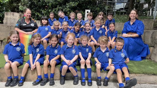 Prep students celebrate their first year at Our Lady of Dolours Catholic Primary School in Mitchelton. Picture: Elliott Turner