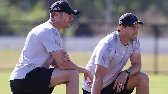 John Barker and David Teague at a Carlton training session. Barker is no longer at the Blues. Picture: Michael Klein