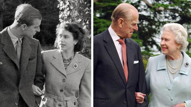 Queen Elizabeth II with husband Prince Philip, Duke of Edinburgh, as a young couple in the grounds of Broadlands, Hampshire in 1947 and 60 years later in 2007. 