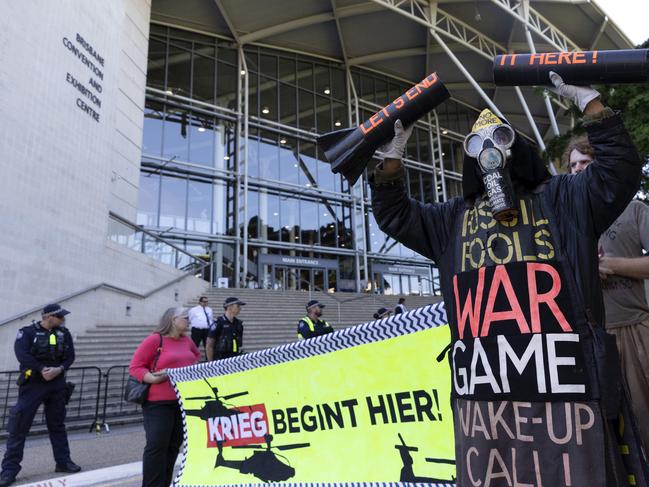 Protesters will gather outside of the Brisbane Convention Centre on the second day of a three-day international land defence exposition. Picture: NCA NewsWire / Sarah Marshall