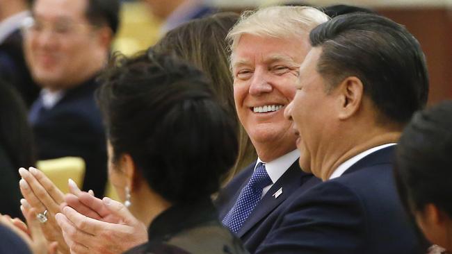 Donald Trump and China's President Xi Jinping attend at a state dinner at the Great Hall of the People in 2017. Picture: Getty Images.