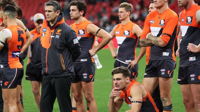 Leon Cameron stands with his players after last week’s derby loss to Sydney. Picture: Phil Hillyard