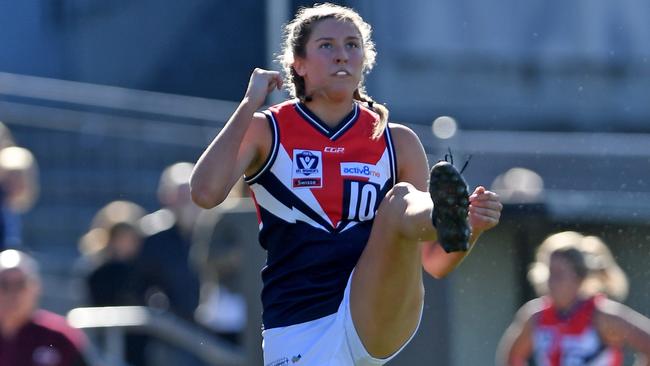 Genevieve Lawson-Tavan in action during the VFLW Darebin Falcons v Western Bulldogs football match in Footscray, Saturday, June 8, 2019. Picture: Andy Brownbill