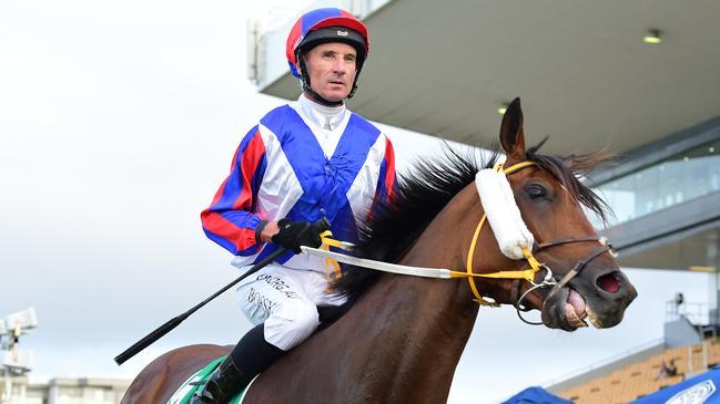 Glen Boss returns to scale on Soxagon after winning the Lough Neagh Stakes at Doomben last Saturday. Picture: Trackside Photography.