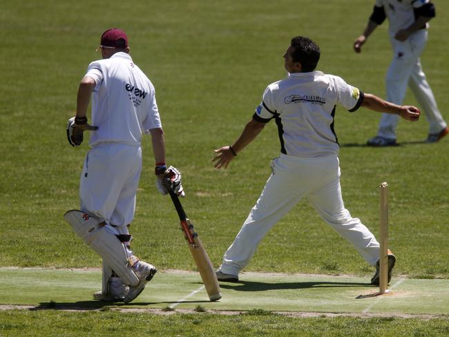 Jason Albress sends one down for Main Ridge against Delacombe Park. Picture: Richard Serong