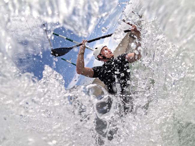 Canoe Slalom athlete Finn Butcher paddles down the whitewater course during a Paris 2024 selection in Auckland, New Zealand. Picture: Phil Walter/Getty Images