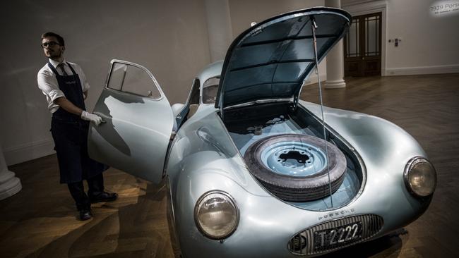 The 1939 Type 64 Berlin-Rome Rennwagen at Sotheby’s in London. The oldest car to wear the Porsche badge is expected to sell for about $30 million in California on Saturday