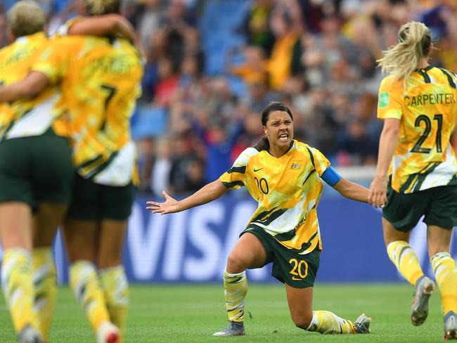 Matildas captain Sam Kerr celebrates after the win over Brazil. Picture: Getty Images