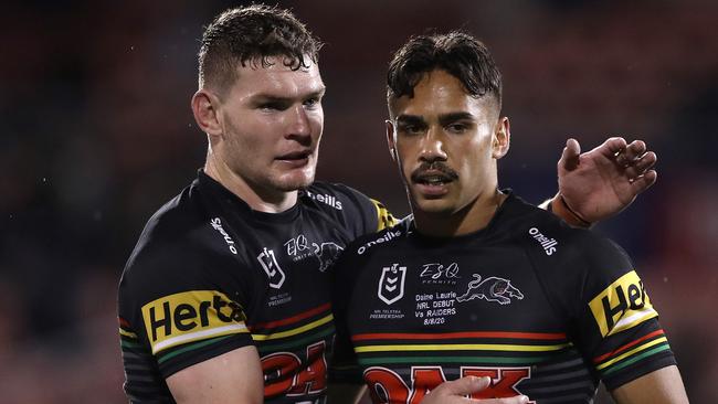 SYDNEY, AUSTRALIA - AUGUST 08: Liam Martin of the Panthers and Daine Laurie of the Panthers celebrate after winning the round 13 NRL match between the Penrith Panthers and the Canberra Raiders at Panthers Stadium on August 08, 2020 in Sydney, Australia. (Photo by Mark Kolbe/Getty Images)