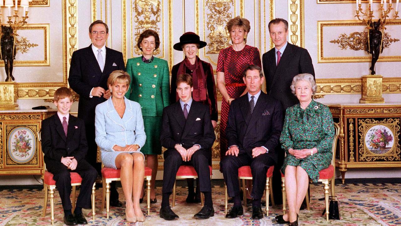 Lady Hussey was so enmeshed in the British royal family she appeared in several of their official portraits. L-R front: Prince Harry, Princess Diana, Prince William, Prince Charles, Queen Elizabeth. L-R back: King Constantine, Lady Susan Hussey, Princess Alexandra, Duchess Of Westminster (Natalia Grosvenor) and Lord Romsey. Picture: Getty Images.