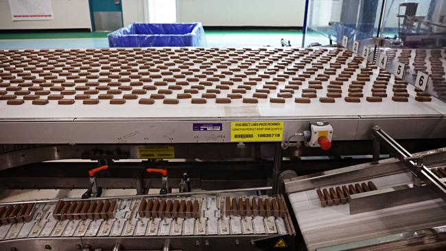 Inside the Arnott’s Tim Tam factory in Huntingwood. Picture: Adam Yip