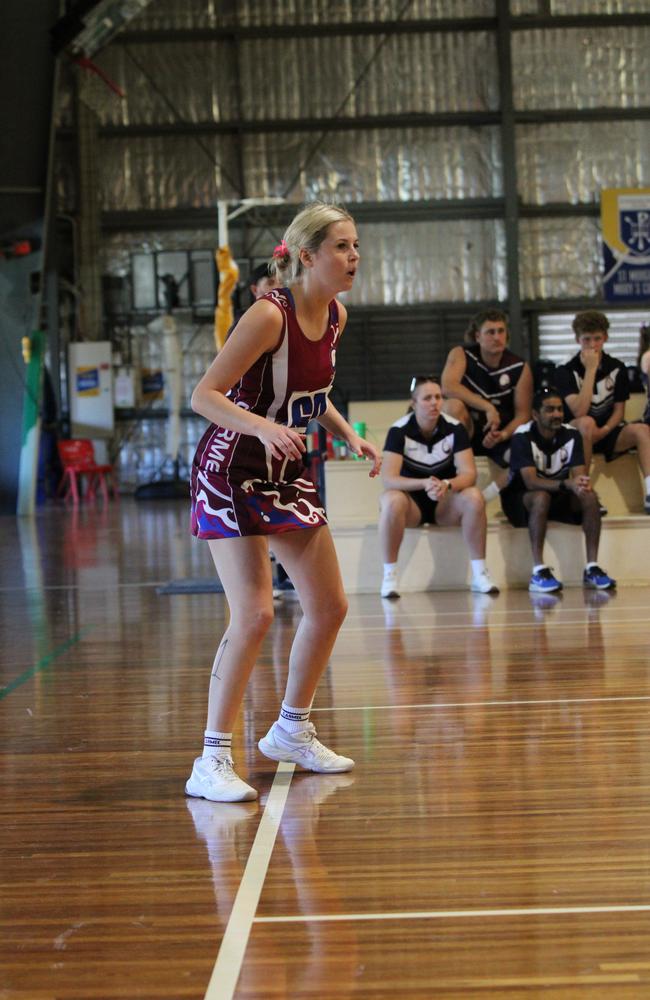 Netball action from QISSN 2024 in Townsville. Carmel College v Shalom College