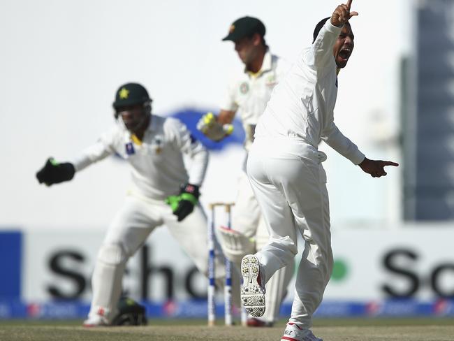 Zulfiqar Babar of Pakistan appeals for the wicket of Glenn Maxwell on day four of the second Test. Photo by Ryan Pierse