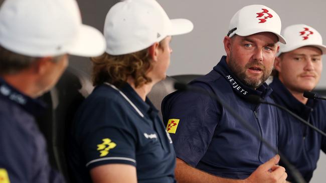 Marc Leishman talks to media along with his teammates