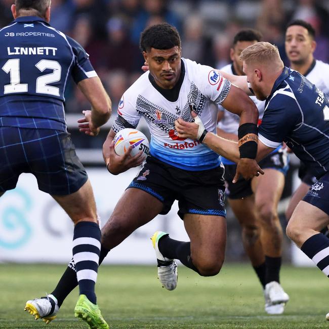 Taniela Sadrugu of Fiji breaks with the ball. Picture: Getty Images for RLWC