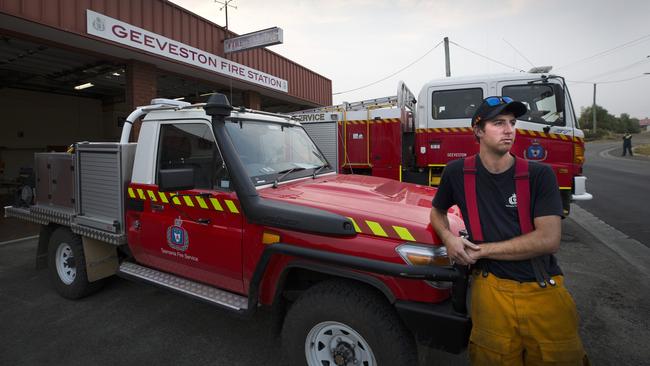 TFS volunteer Campbell Gane ready to go at Geeveston this morning if the Tahune fire threatens the town in Tasmania’s far south. Picture: CHRIS KIDD