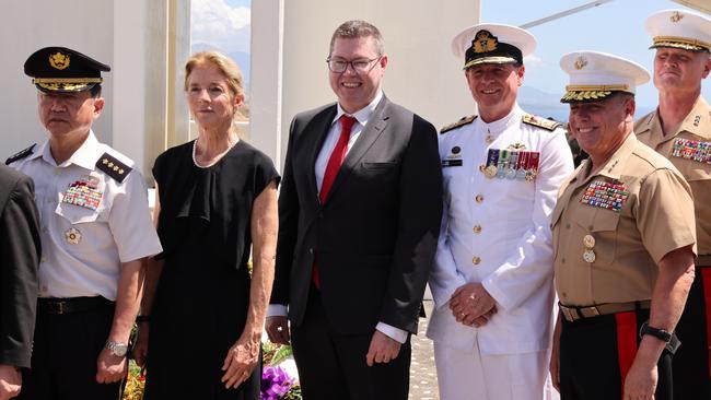 The Minister for International Development and the Pacific and Minister for Defence Industry, Pat Conroy, alongside U.S. Ambassador to Australia, Caroline Kennedy and Vice Admiral Mark Hammond of the Australian Navy in Honiara to commemorate the 80th anniversary of the Battle of Guadalcanal in World War II. Picture: MIDP