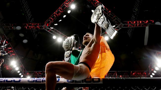 Conor McGregor of Ireland celebrates his KO victory over Eddie Alvarez.