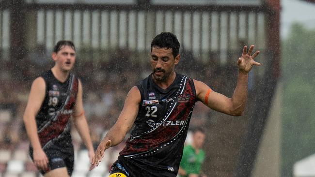 Marlion Pickett playing for the Tiwi Bombers in the 2024-25 NTFL season. Picture: Jack Riddiford / AFLNT Media